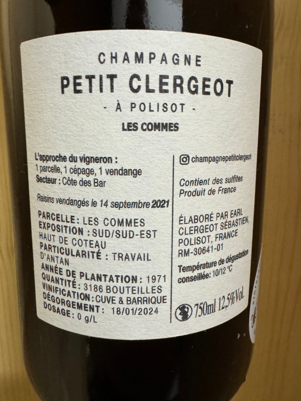 Petit Clergeot Champagne Les Commes Brut Nature 2021 (Deg. 01/24)